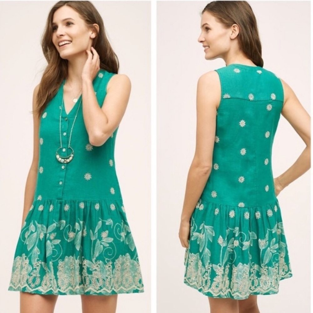 Maeve Green Linen Dress with Embroidery #443